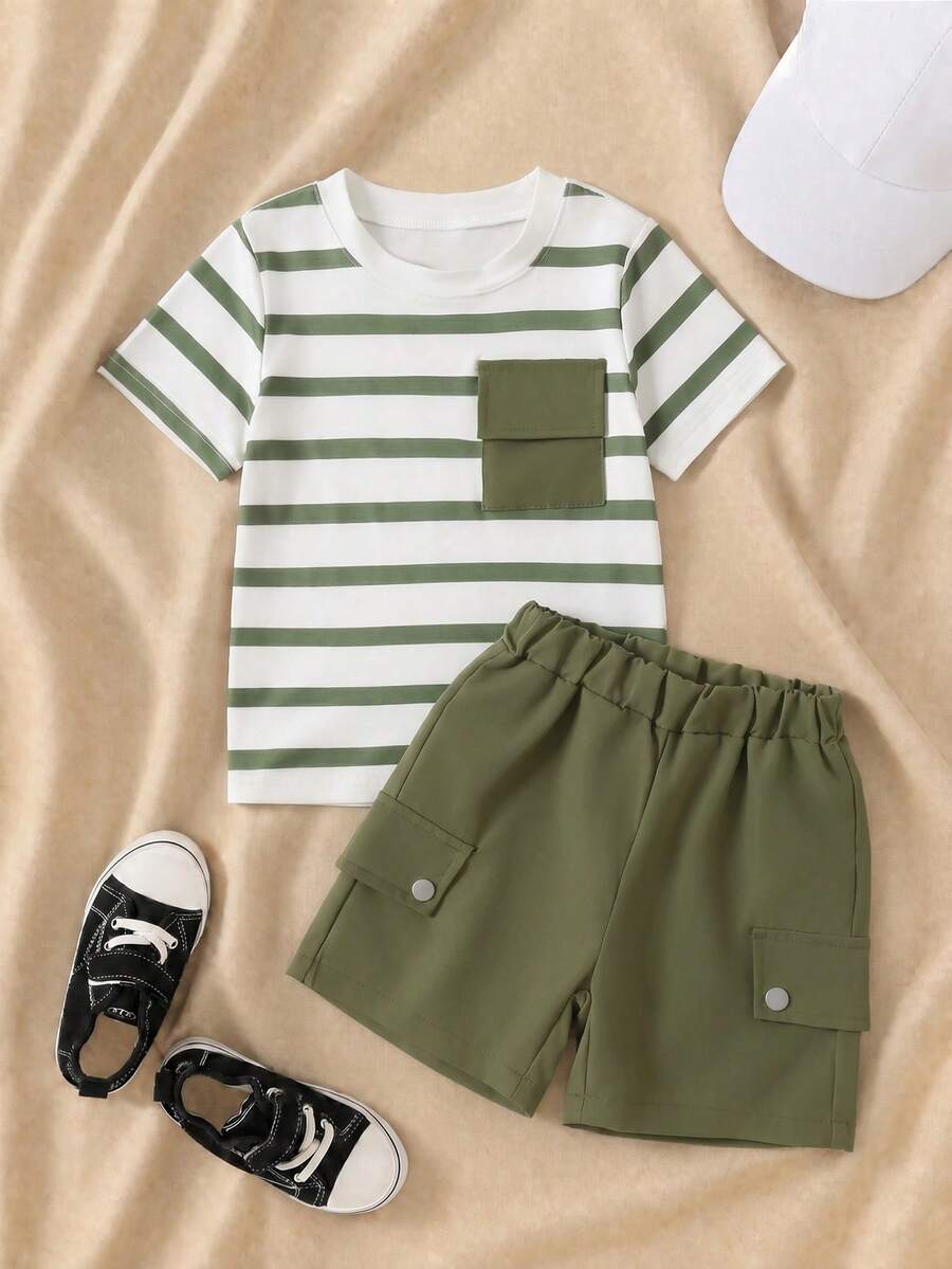 Young Boy T-Shirt And Shorts Set - Army Green - View 1