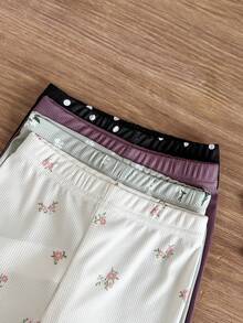 SHEIN Vintaside Kids 4件組女嬰休閒可愛黑色與白色波點、紫紅色、白色波點、粉色與白色花卉、純色內搭褲長褲 秋季 - 彩色 - 查看 5