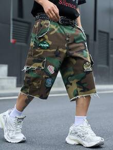 PAVTROS Men's Casual Streetwear Multi-Pocket Distressed Frayed Hem Camouflage Denim Shorts - Army Green - View 4