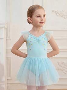SHEIN Young Girls' Sleeveless Ballet Leotard, Soft Mesh Tutu Skirt, Comfortable Stretch, Suitable For Dance, Yoga. High-Elasticity Fabric, Perfect Fit, Stretchy And Skin-Friendly. Elegant Dance Jumpsuit, Suitable For All Seasons - Blue - View 3