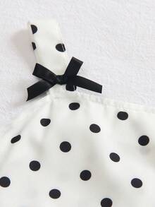 Elladie kids 2pcs Young Girls Summer New Ins Style Black And White Polka Dot Back Open Bowknot Square Neck Sleeveless Tank Top And Multi-Bowknot Design Puff Skirt Set, Suitable For Daily Outings, Banquets, Parties, Celebrations, Vacations, Back To School, Spring And Summer - White - View 6