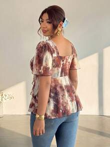Firerie Plus Size Women's Sweetheart Neckline Ruched Chest Design Irregular Hem Ruffle Sleeve Tie-Dye Print Blouse - Coffee Brown - View 2
