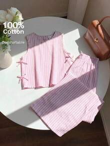 SHEIN 青少年女孩條紋背心上衣與寬鬆長褲2件組休閒日常時尚百搭套裝 - 粉色 - 查看 1