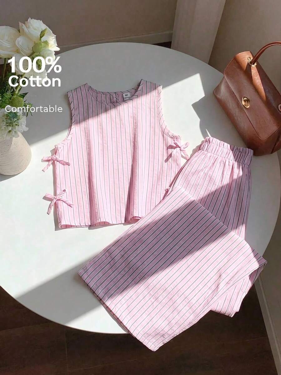 SHEIN 青少年女孩條紋背心上衣與寬鬆長褲2件組休閒日常時尚百搭套裝 - 粉色 - 查看 1