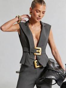 Hauture Women's Sexy Solid Color Sleeveless Blazer Vest With Stylish Gold Metal Trim - Grey - View 1