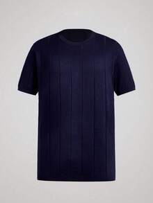 Officeau Men's Solid Color Short Sleeve Knit Vertical Striped Crew Neck Top - Navy Blue - View 4