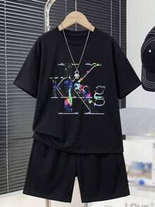 SHEIN 兒童青少年男童休閒簡約圓領短袖T恤與短褲2件組，適合夏季，時尚經典King文字圖案印花，適合通勤、上學、日常休閒出遊、運動，適合春夏季節 - 黑色 - 查看 2