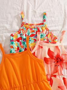 SHEIN Elladie kids 3件組少女夏季連身褲套裝：純色與波希米亞花卉印花，彈性腰部舒適，海灘度假風連身短褲 - 彩色 - 查看 7