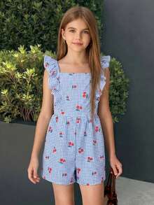 SHEIN Tween Girl Striped Square Neck Cap Sleeve Loose Jumpsuit For Vacation - Blue - View 2