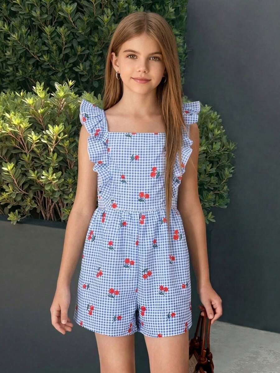 SHEIN Combinaison ample à rayures, col carré et manches courtes pour fille préadolescente, pour les vacances - Bleu azur - Voir 1