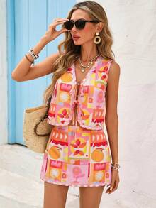 Vivid Eden Ensemble débardeur à lacets et jupe-short imprimé géométrique pour femmes, vacances à la plage, soirée romantique - Rose bonbon - Voir 10