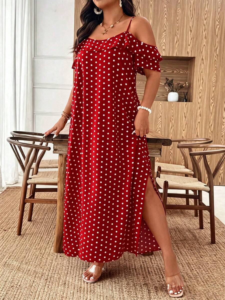 SHEIN Tall Plus Size Women's Summer Vacation Polka Dot Dress, Ruffle Collar, Suitable For Daily Outings/Romantic Long Dress/Vacation Travel - Multicolor - View 1