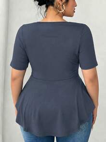 Elenzga Plus Size Women's Sexy Short Sleeve Casual/Office/Home/Outing Asymmetrical Hem Waist Fitted T-Shirt, Spring/Summer - Dusty Blue - View 2