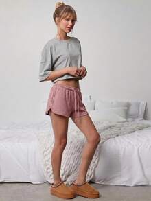 WESTFADE Drawstring Waist Rib Knit Casual Lounge Pink Shorts - Pink - View 10