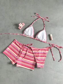 Swim Vcay Bộ đồ bơi nữ 3 món phong cách tối giản thanh lịch lãng mạn gợi cảm ngọt ngào dễ thương thời trang cho mùa hè đi biển nghỉ dưỡng, áo bikini tam giác cổ yếm & quần short nam họa tiết sọc hồng cơ bản đa năng phối trang trí hạt đính tương phản, phù hợp cho bãi biển, khu nghỉ dưỡng, spa, lễ hội âm nhạc, tuần trăng mật và các dịp nghỉ dưỡng thường ngày - Nhiều màu - Xem 3