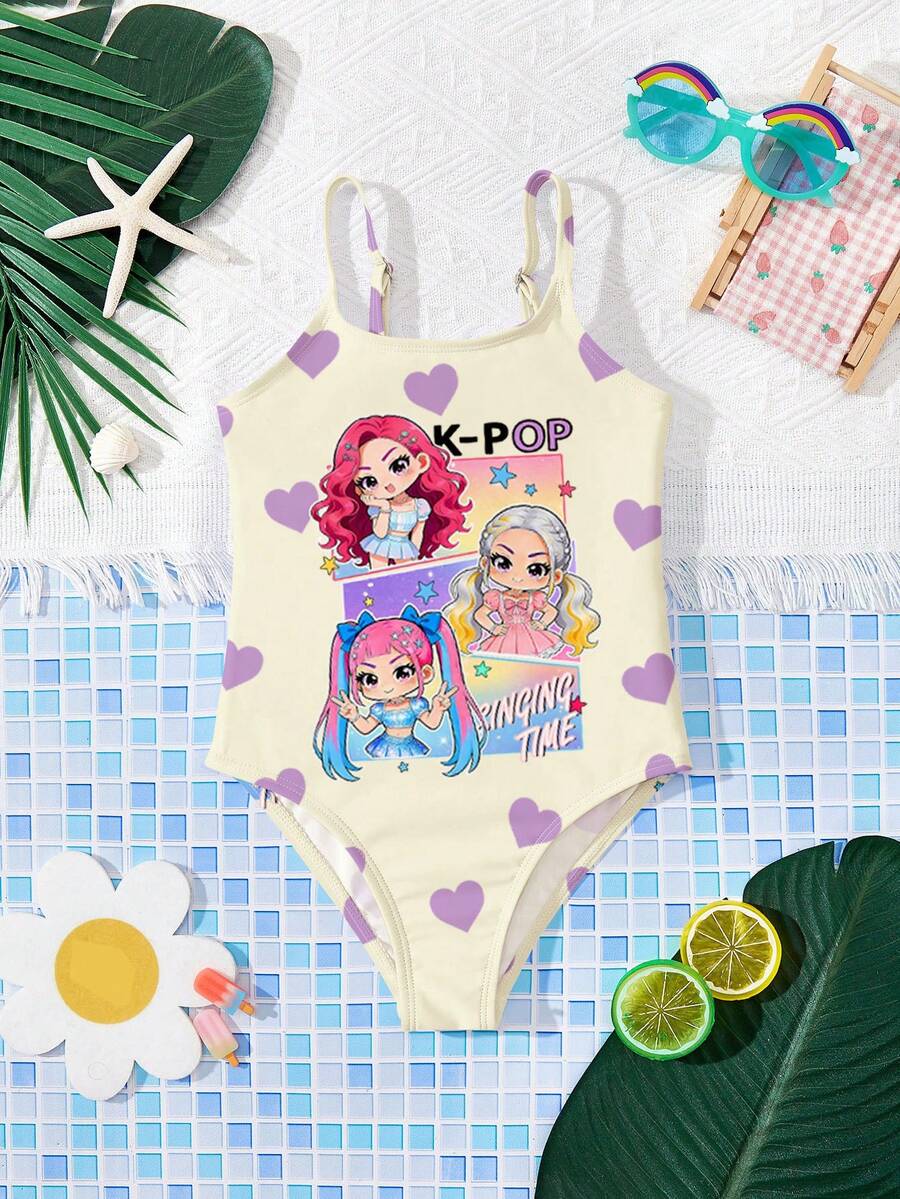 Cream White, Cute Cartoon Girl & Heart Pattern, Young Girls' Casual Minimalist One-Piece Swimsuit, Suitable For Summer - Multicolor - View 1