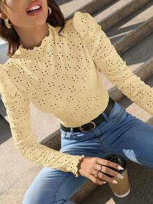 SHEIN Frenchy 假領 Schiffy 紋理面料特殊袖口 T-shirt - 淡黃色 - 查看 8