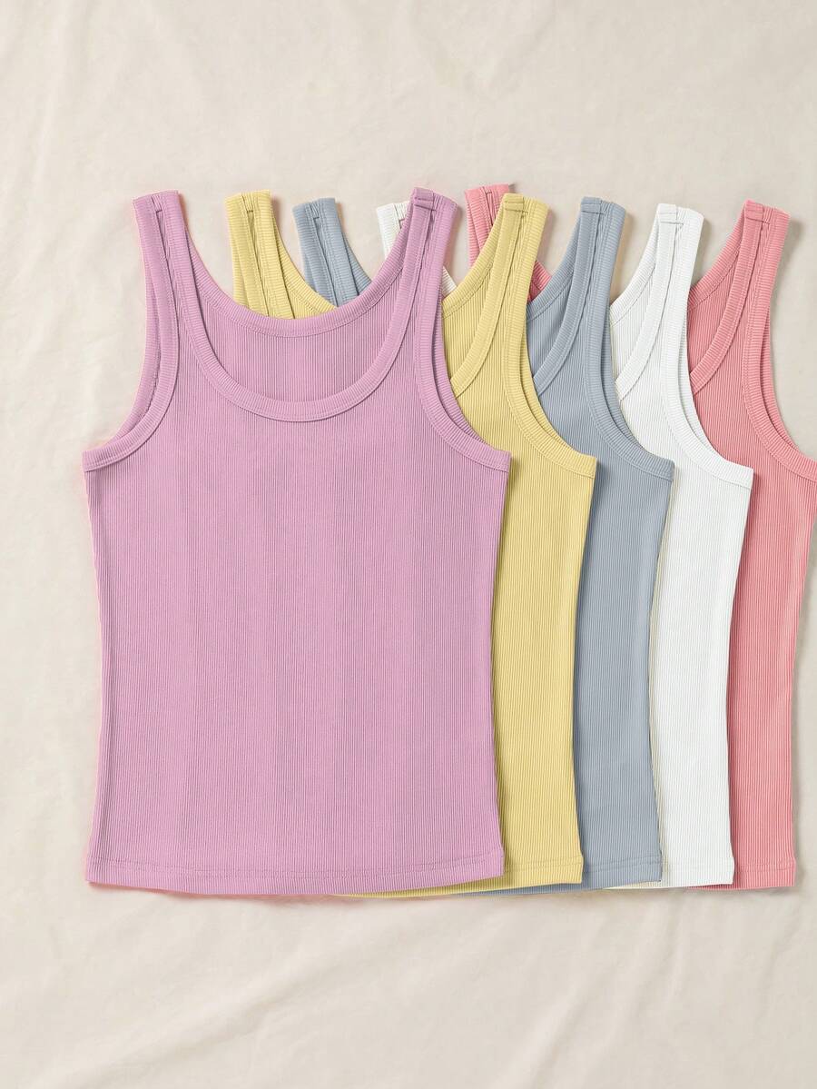 SHEIN LUNE Áo tank top nữ màu trơn cổ tròn gân tăm phong cách casual đa năng - Nhiều màu - Xem 1