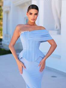 Glamrae Elegant Light Blue Strapless Off-The-Shoulder Dress Featuring Handcrafted Pearl Rhinestone Chain Two-Piece Silhouette Fishtail Train Evening Gown - Purple - View 4