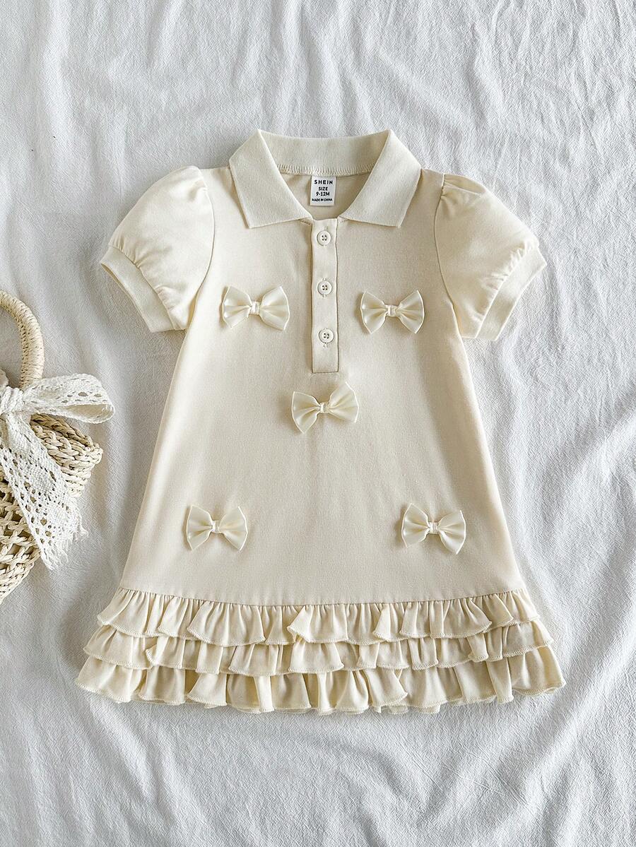 SHEIN Vintaside Kids 女嬰夏季領口短袖時尚簡約優雅蝴蝶結裝飾洋裝,適合夏季露營、野餐、幼兒園、學校或家庭聚會與派對 - 杏色 - 查看 1