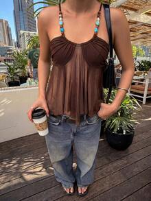 Top camisola elegante bohemio para vacaciones de mujer, decoración de cuentas marrones, dobladillo en línea A, malla de punto transparente, estilo callejero boho, vibra tropical sexy - Marrón - Ver 5