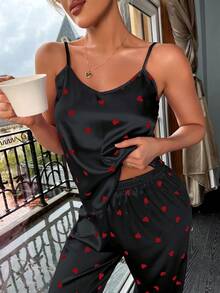 Dream Adore Heart Print Satin Cami Top & Pants PJ Set / Pajama Set - Black - View 3