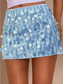 SHEIN Glamour Damen Pailletten Patchwork Lässig Vielseitig Date Ausgehen Minirock - Babyblau - Übersicht 3