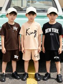 6pcs/Set Spring And Summer Clothes For Boys, Casual Fashion Creative Personalized Fresh Minimalist Fun Letter Slogan Crown Graphic Print Sporty Style Basic Short T-Shirt And Shorts Set, Comfortable Daily Wear, Cozy Summer Styles, Suitable For Spring And Summer Boys Outfits, Sets - Multicolor - View 3