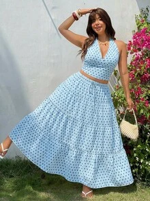 SHEIN EZwear Plus Size Light Blue Polka Dot Print Women Ruffle Hem A-Line Skirt - Baby Blue - View 7