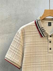 Daypath Men's Knitted Jacquard Textured Ribbed Collar 3-Button Polo Shirt, Formal - Apricot - View 4
