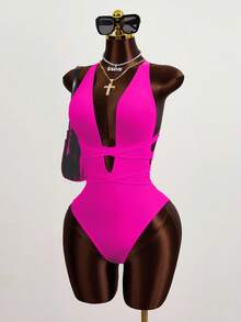 Sirith Summer Beach Open Back Self Tie One Piece Swimsuit - Hot Pink - View 4