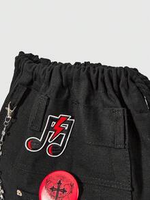 ROMWE Grunge Punk 1件裝黑色岩石音符刺繡暗條紋徽章圖案大容量多口袋抽繩束口背包，休閒百搭中性款，適合通勤、社交、購物 - 純黑色 - 查看 5