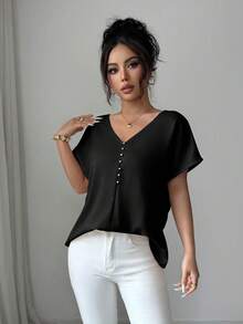 SHEIN Elenzya Damen Sommer Exquisite Elegante Satin Bluse mit verdrehtem Knoten, rückenfrei, Perlenketten-Dekor und Schulterfrei - Schwarz - Übersicht 6