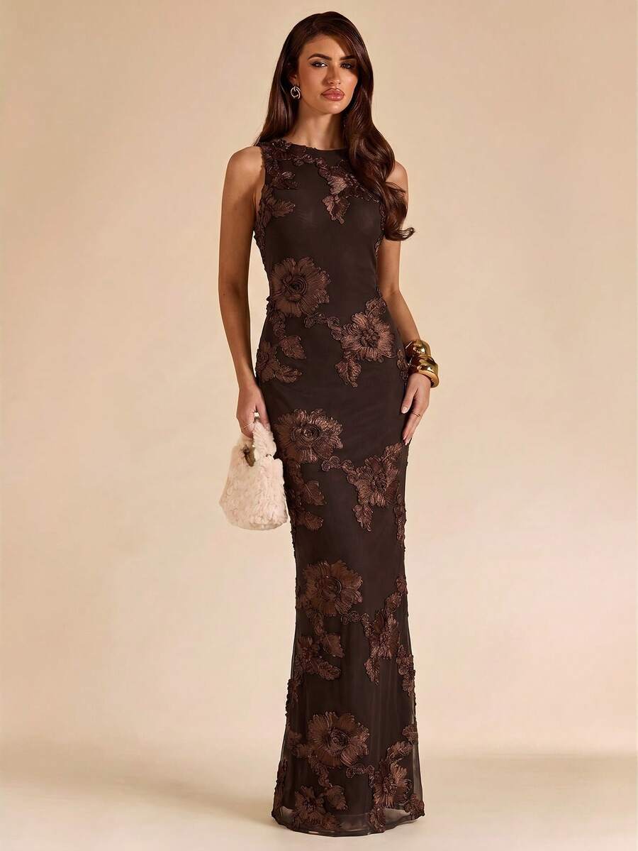 SHEIN BAE Solid Yellow Textured Jacquard Sleeveless Slim Fit Dress, Elegant For Brunch, Wedding Guest Attire, Cocktail Party, Vacation Beach Dress - Coffee Brown - View 1