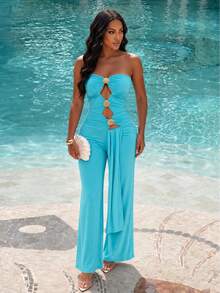 SOLERSUN Mono de verano 2026 para mujer, sexy, de color azul océano con recortes y fruncidos, de alta elasticidad. Elegante mono de una pieza con herrajes en forma de concha, sin tirantes, espalda descubierta, pantalones anchos de pierna larga. Mono de una pieza con recorte en forma de concha, sin tirantes, de Body ceñido y piernas anchas. Atuendo para fiesta en la playa, club, estética Y2K - Azul - Ver 2