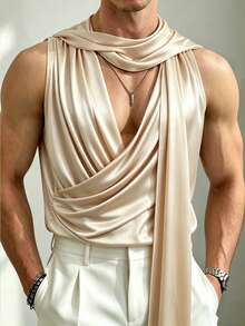 Manfinity Dauomo Men's Sexy Solid Color Cowl Neck Pleated Draped Ribbon Versatile Top - Champagne - View 6