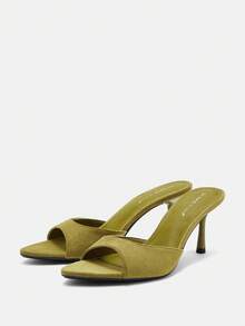 Bholvia Women's Fashionable & Elegant Velvet Strap Open Toe Slip-On Sandals, Slim High Heels, Suitable For Dresses In Summer - Green - View 5