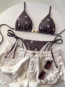 Elavelle Conjunto de bikini de mujer con estampado aleatorio, cuello halter con lazo, decoración con cuentas y acabado de ganchillo, para primavera/verano - Multicolor - Ver 2