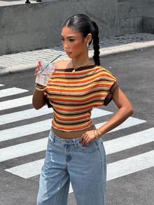 Muchica 女士夏季休闲时尚沙滩度假风撞色条纹图案不规则领蝙蝠袖修身露脐网纱镂空上衣 - 彩色 - 查看 4