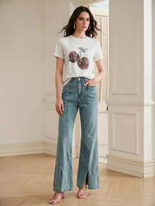 Anewsta Damen Rundhals Shirt mit Strass-Kirschprint, vielseitig tragbar für den täglichen Gebrauch, Kurzarm - Weiss - Übersicht 5