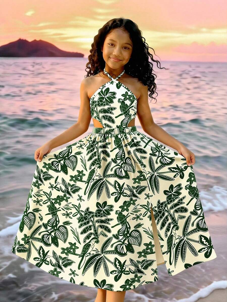 Sparklyn Tween Girl All-Over Print Slit Halter Casual Vacation Sleeveless Dress - Green - View 1