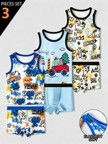 SHEIN 6件組男童幼兒休閒內衣，印有動作英雄漫畫角色圖案，藍、白、黑、紅鮮豔配色搭配對比紅邊，打造時尚夏季造型，採用親膚光滑材質，輕量舒適，適合日常穿著，包含背心與四角內褲 - 彩色 - 查看 5