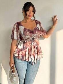 Firerie Plus Size Women's Sweetheart Neckline Ruched Chest Design Irregular Hem Ruffle Sleeve Tie-Dye Print Blouse - Coffee Brown - View 6