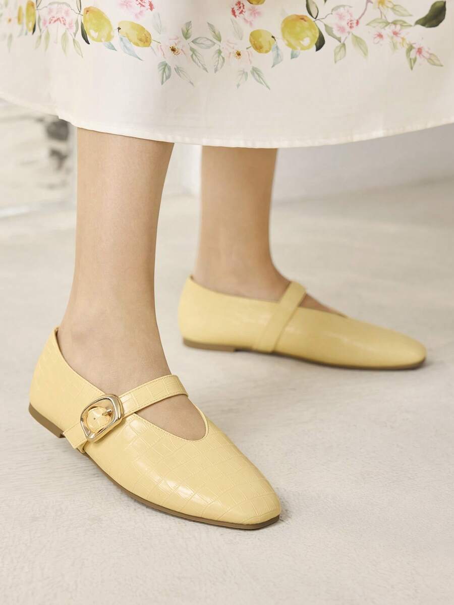 MOTF PREMIUM WOMEN'S CASUAL CROCODILE PATTERN COMFORTABLE VERSATILE MARY JANE SQUARE TOE FLAT SHOES FOR CHRISTMAS SPRING SHOES - Yellow - View 2