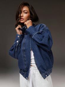 Athîral Denim Petite 女款小碼露肩長袖單排扣休閒牛仔夾克 街頭風外套 度假節日嘉年華 秋季深藍色旅行穿搭 - 深色水洗藍 - 查看 5