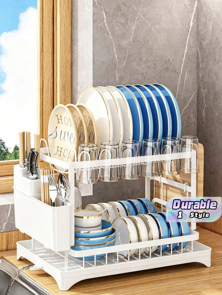 Dish Drying Rack: 2 Tier Carbon Steel Dish Rack For Kitchen Counter,Dish Racks For Kitchen Counter And Sink - Large Dish Drying Rack With Drainboard & Utensil Holders - Stainless Steel Dish Drainers Home Essentials Kitchen Organization And Storage Kitchen Accessories