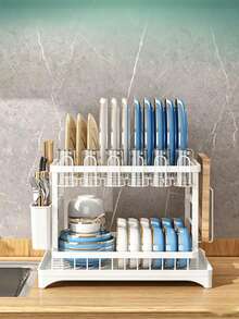Dish Drying Rack: 2 Tier Carbon Steel Dish Rack For Kitchen Counter,Dish Racks For Kitchen Counter And Sink - Large Dish Drying Rack With Drainboard & Utensil Holders - Stainless Steel Dish Drainers Home Essentials Kitchen Organization And Storage Kitchen Accessories - White - View 5