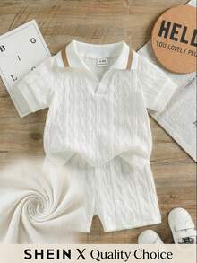 SHEIN Vintaside Kids 婴儿男女童/中性款0-3岁夏季白色图案套装，翻领短袖上衣搭配同款短裤，简约风格，无图案，宽松版型，适合外出、休闲和轻度运动，婴儿夏季服装，婴儿外出服装 - 白色 - 查看 3