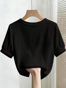 Franclia Minimalist Elegant Round Neck Beaded Ribbed Women's T-Shirt Date Night Black Summer - Black - View 2