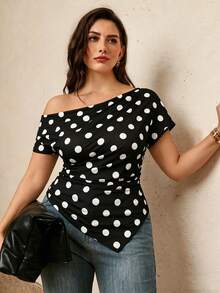 Juhart Plus Size Women's Polka Dot Asymmetrical Shoulder Ruched Casual Versatile Daily Outing T-Shirt - Black - View 3